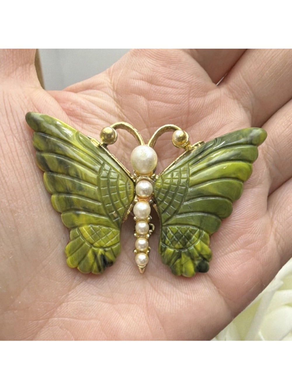 Vintage Butterfly Pearl Accent Brooch in Olive Green